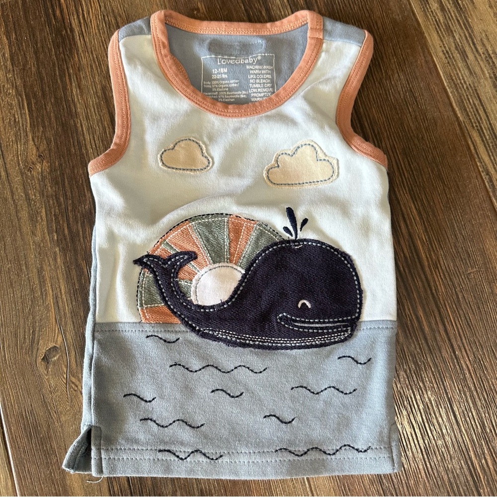 L'ovedbaby appliqué WHALE. Organic cotton tank top shirt baby boy 12-18 mo